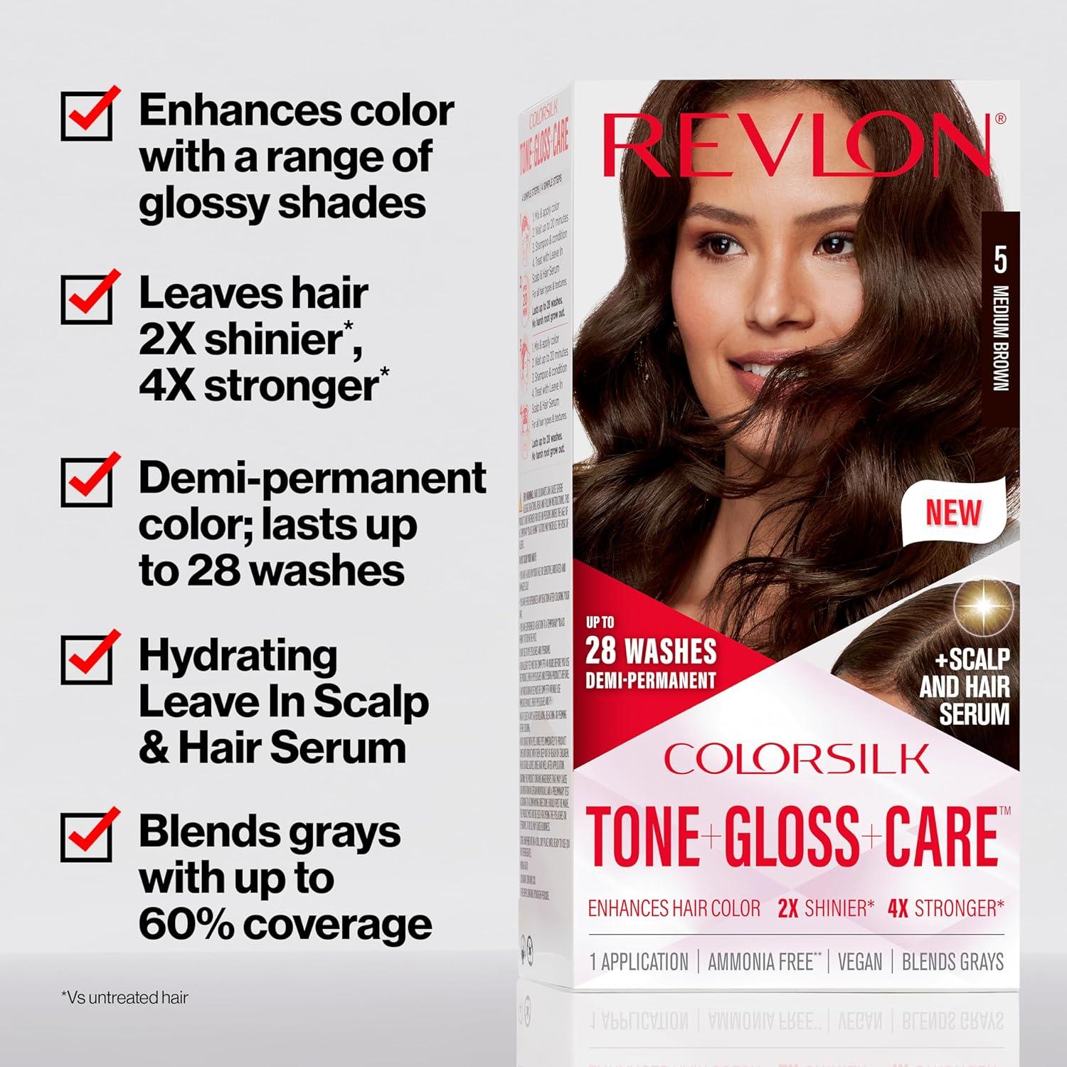 imageRevlon ColorSilk Tone  Gloss  Care Demi Permanent Hair Color Dye Kit with LeaveIn Scalp and Haircare Serum 2x Shinier 4x Stronger 4 Dark Brown 45 fl oz5A Medium Ash Brown