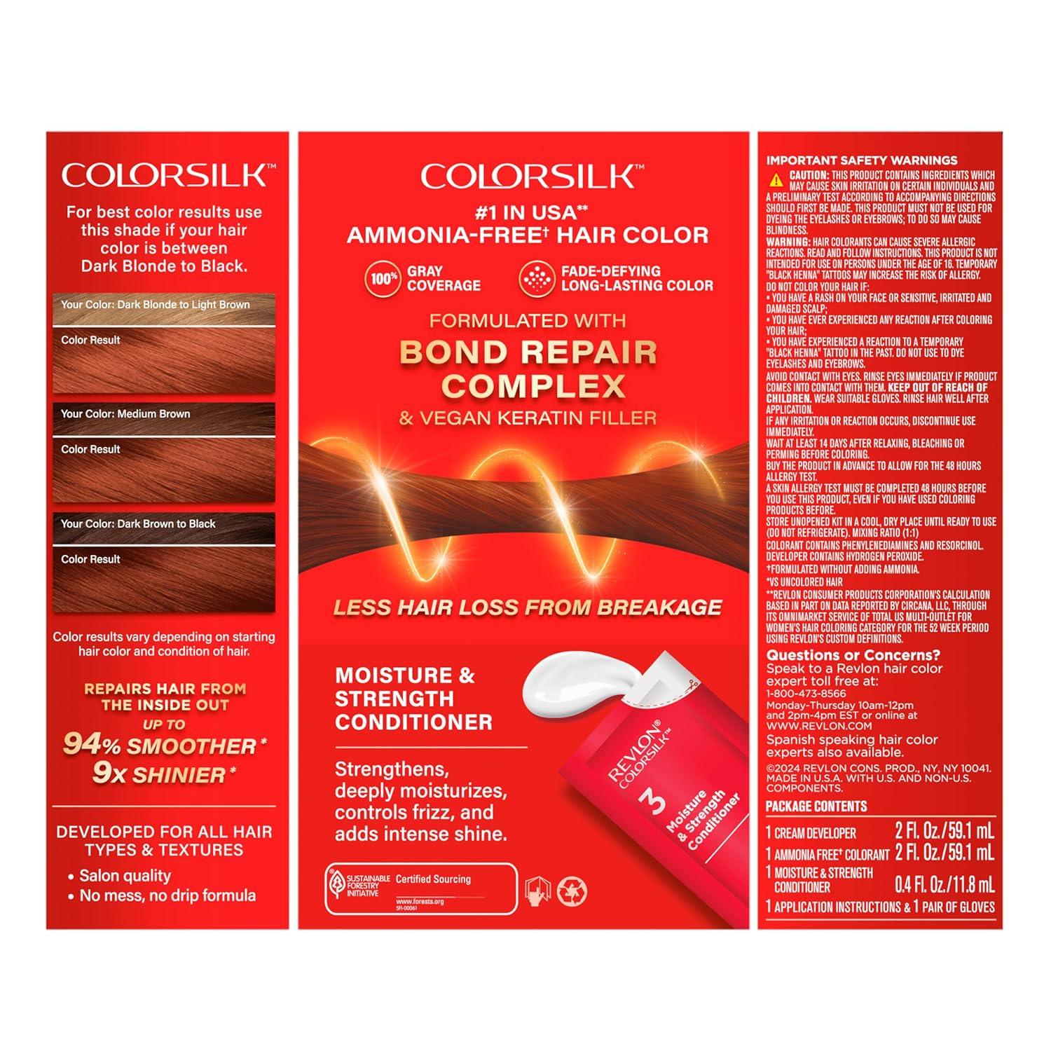 imageRevlon ColorSilk with Bond Repair Complex Auburn Permanent Hair Color 100 Gray Coverage Ammonia Free Hair Dye Vegan Keratin 49 Auburn Brown Pack of 342 Medium Auburn