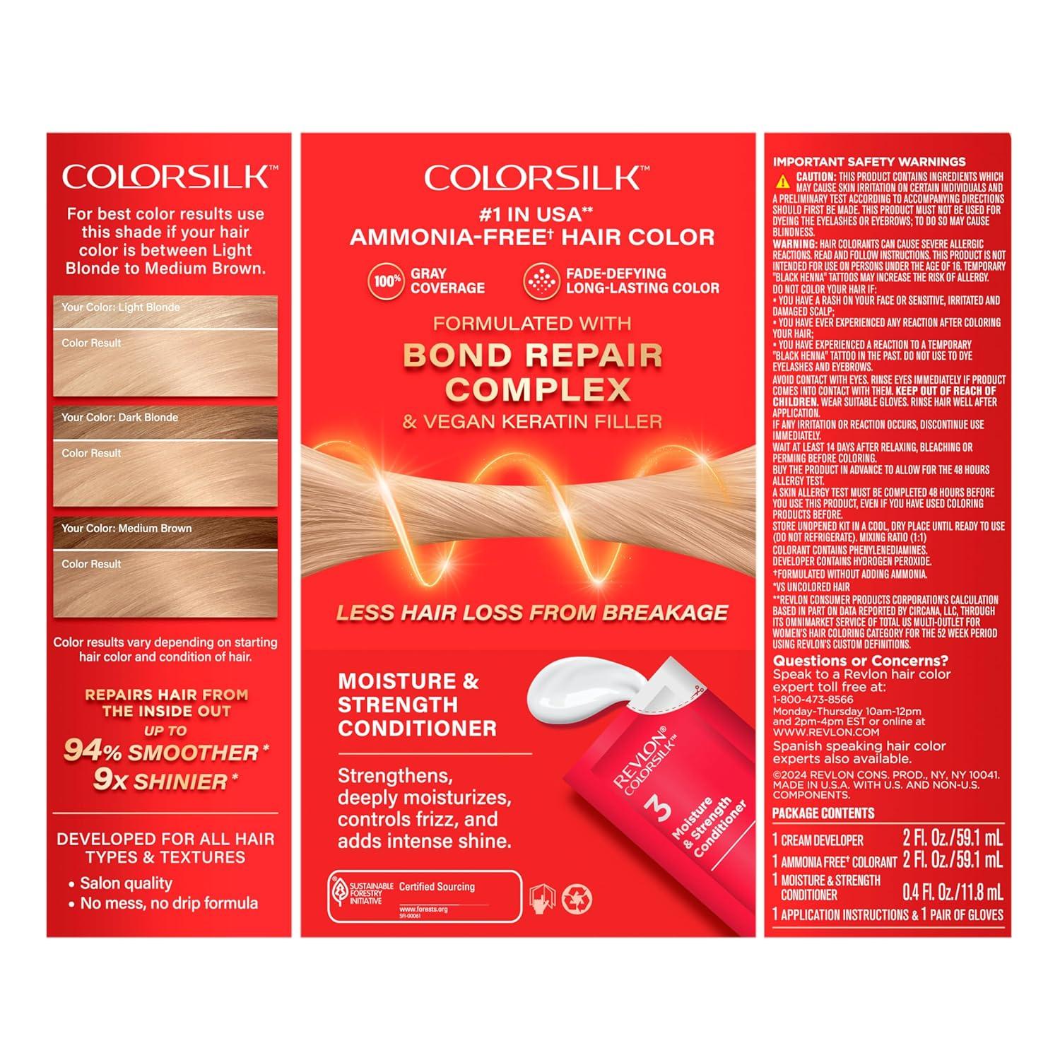 imageRevlon ColorSilk with Bond Repair Complex Blonde Permanent Hair Color 100 Gray Coverage Ammonia Free Hair Dye Vegan Keratin 61 Dark Blonde Pack of 304 Ultra Light Natural Blonde