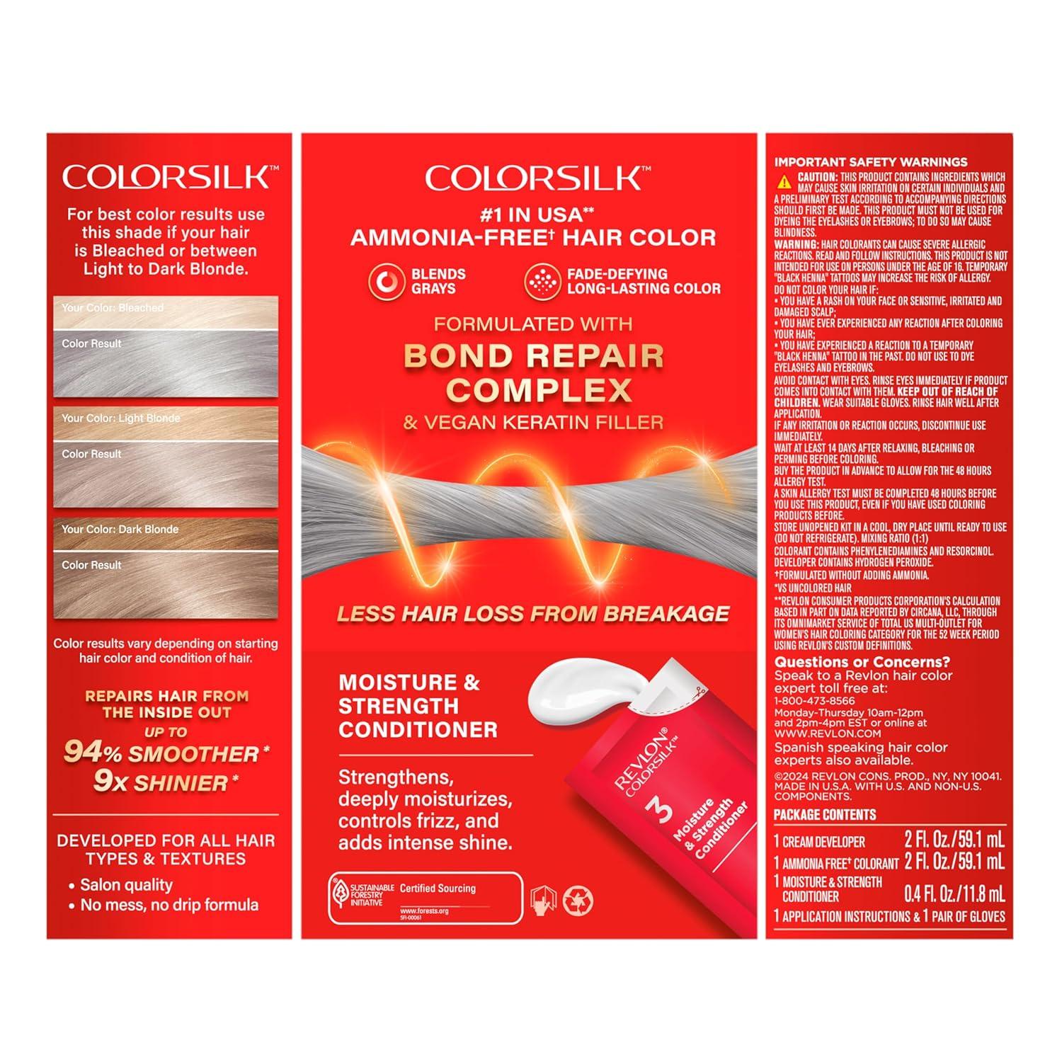 imageRevlon ColorSilk with Bond Repair Complex Blonde Permanent Hair Color 100 Gray Coverage Ammonia Free Hair Dye Vegan Keratin 61 Dark Blonde Pack of 382B Silver Blonde