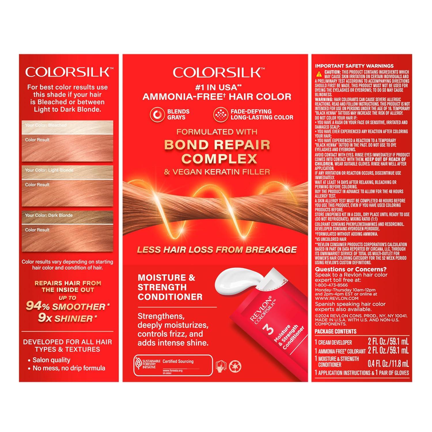 imageRevlon ColorSilk with Bond Repair Complex Blonde Permanent Hair Color 100 Gray Coverage Ammonia Free Hair Dye Vegan Keratin 61 Dark Blonde Pack of 385B Strawberry Blonde