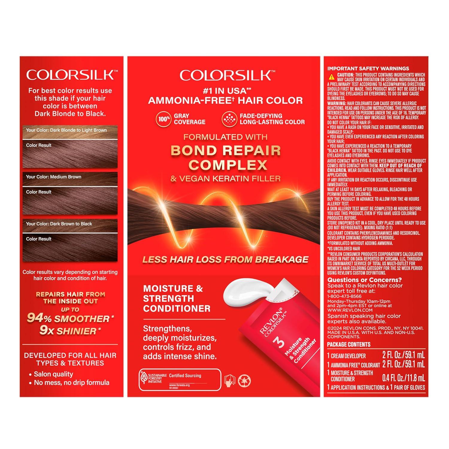 imageRevlon ColorSilk with Bond Repair Complex Brown Permanent Hair Color 100 Gray Coverage Ammonia Free Hair Dye Vegan Keratin 40 Medium Ash Brown Pack of 327 Deep Rich Brown