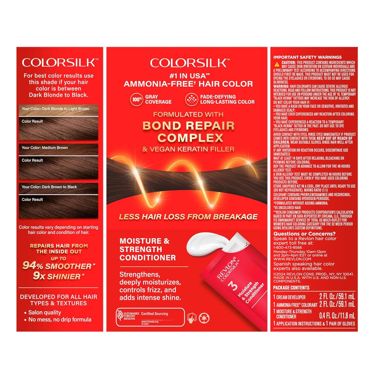 imageRevlon ColorSilk with Bond Repair Complex Brown Permanent Hair Color 100 Gray Coverage Ammonia Free Hair Dye Vegan Keratin 40 Medium Ash Brown Pack of 330 Dark Brown