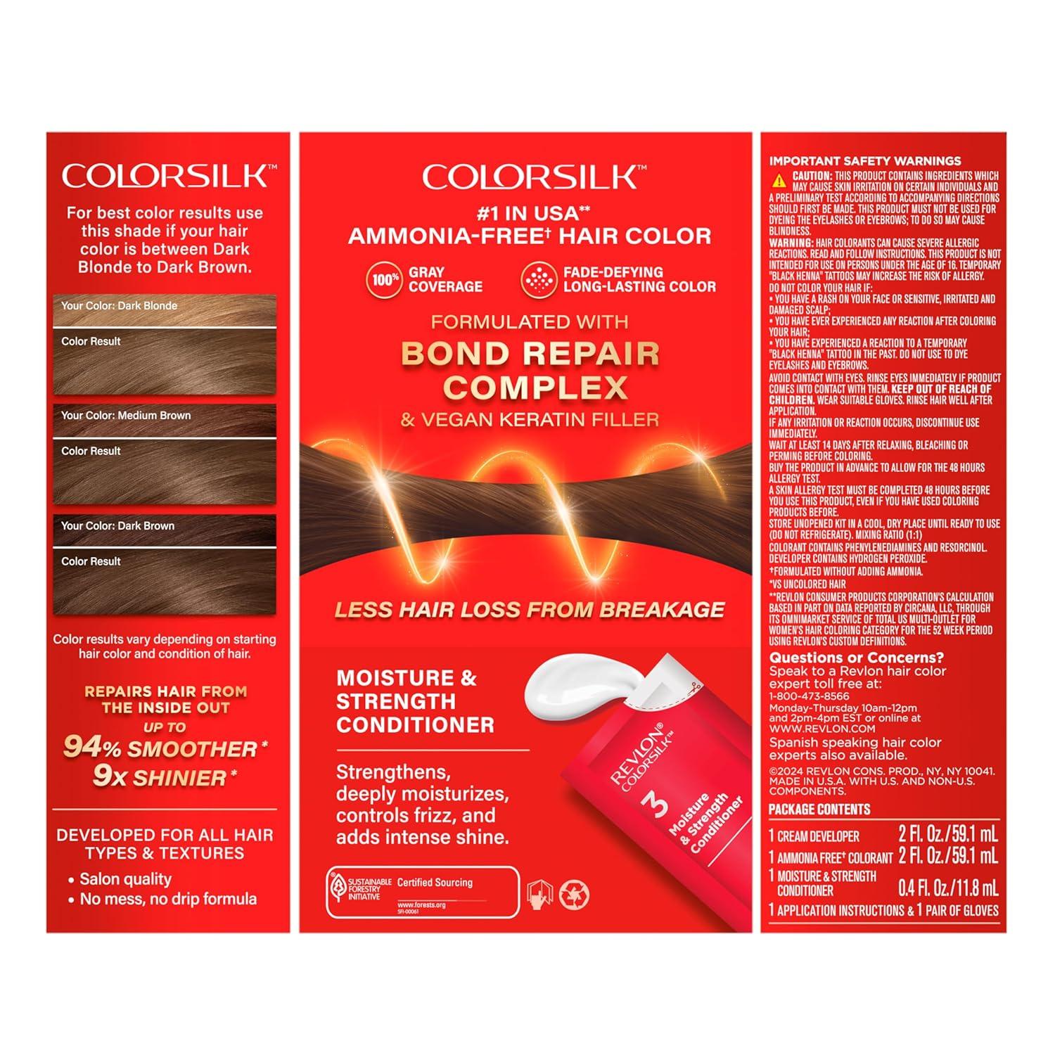 imageRevlon ColorSilk with Bond Repair Complex Brown Permanent Hair Color 100 Gray Coverage Ammonia Free Hair Dye Vegan Keratin 40 Medium Ash Brown Pack of 350 Light Ash Brown
