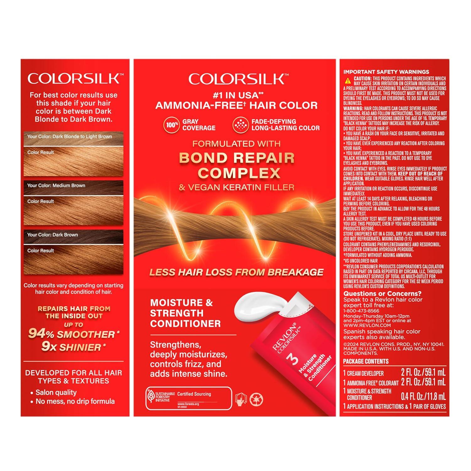 imageRevlon ColorSilk with Bond Repair Complex Brown Permanent Hair Color 100 Gray Coverage Ammonia Free Hair Dye Vegan Keratin 40 Medium Ash Brown Pack of 357 Lightest Golden Brown