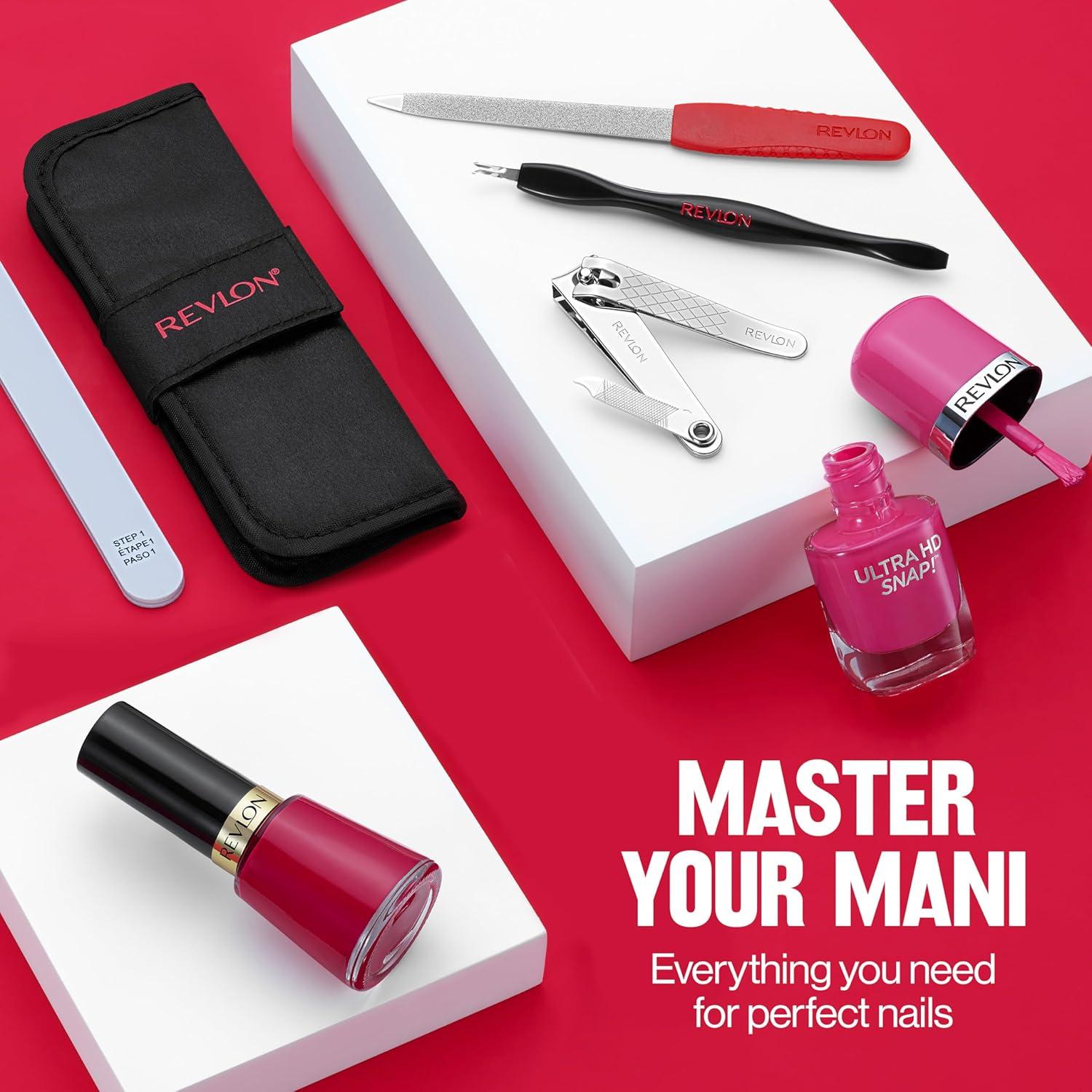 imageRevlon Manicure Essentials Kit with Travel Case Nail Care Set with Dual Ended Cuticle Trimmer Curved Blade Clippers Compact Emeryl File ampamp Buffer Pack of 1