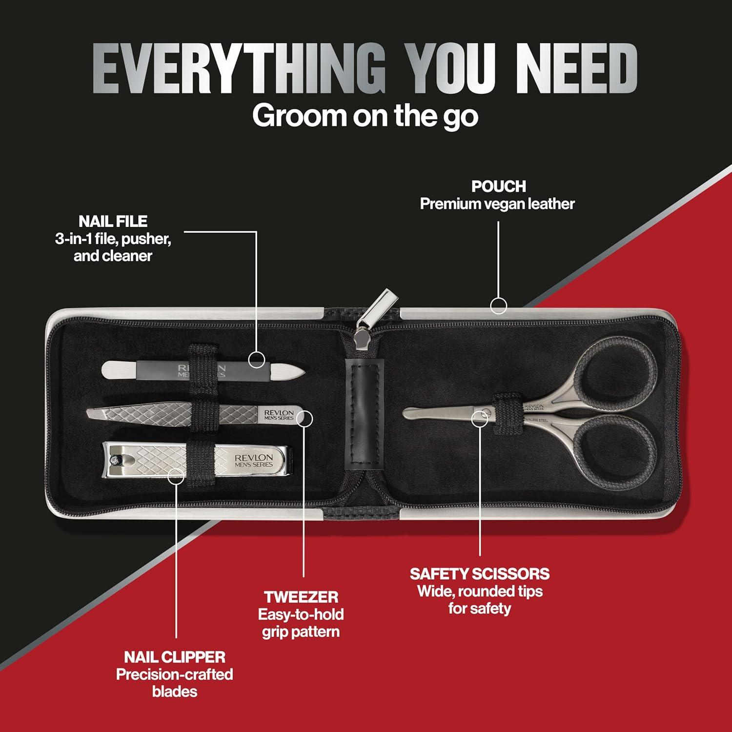 imageRevlon Mens Grooming Kit 5Piece Travel Essentials Set Includes Nail Clippers Scissors File Tweezers and Carrying Case Stainless Steel 1 count
